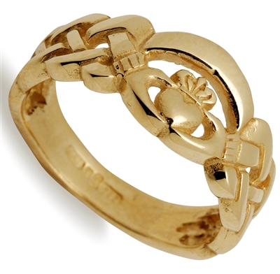 14k Yellow Gold Nua Ladies Celtic Claddagh Ring 8.6mm