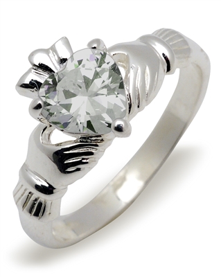 Sterling Silver Synthetic Cubic Zirconia (Apr) Birthstone Claddagh Ring 9mm