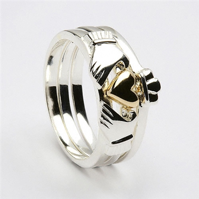 Sterling Silver 3 piece Claddagh Ring With 10k Yellow Gold Plated Center