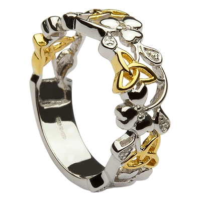 Sterling Silver & Gold Plated Accents Ladies Celtic Ring With Small Diamonds 7mm