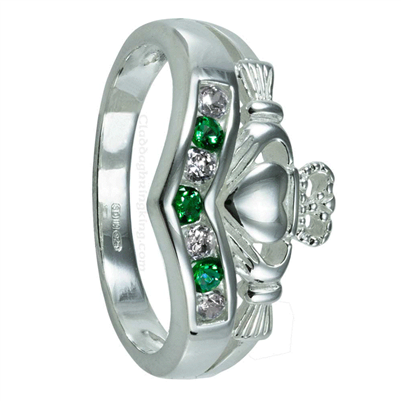 Sterling Silver Ladies Emerald CZ & White CZ Wishbone Claddagh Ring 11mm
