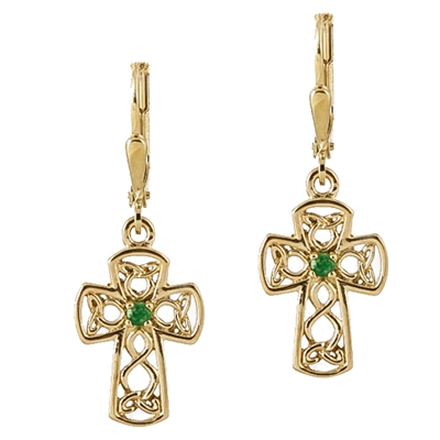 10k Yellow Gold Emerald Celtic Cross Drop Earrings