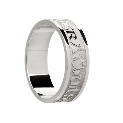 10k White Gold "Gra, Dilseacht, Cairdeas" (Love, Loyality, Friendship) Men's Celtic Wedding Ring 7.2mm