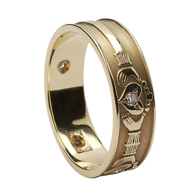 10k Yellow Gold & Diamond Men's Claddagh Wedding Ring 7.2mm