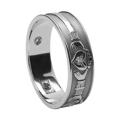 14k White Gold & Diamond Men's Claddagh Wedding Ring 7.2mm