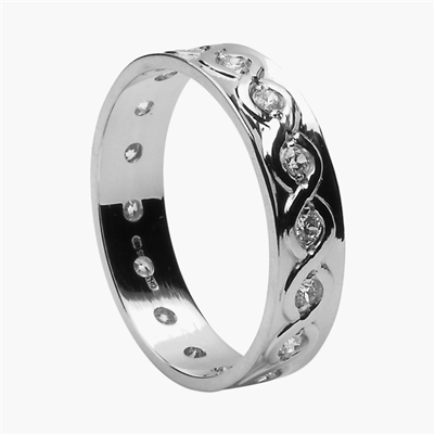 10k White Gold & Diamond Set Men's Celtic Weaves Wedding Ring 5mm